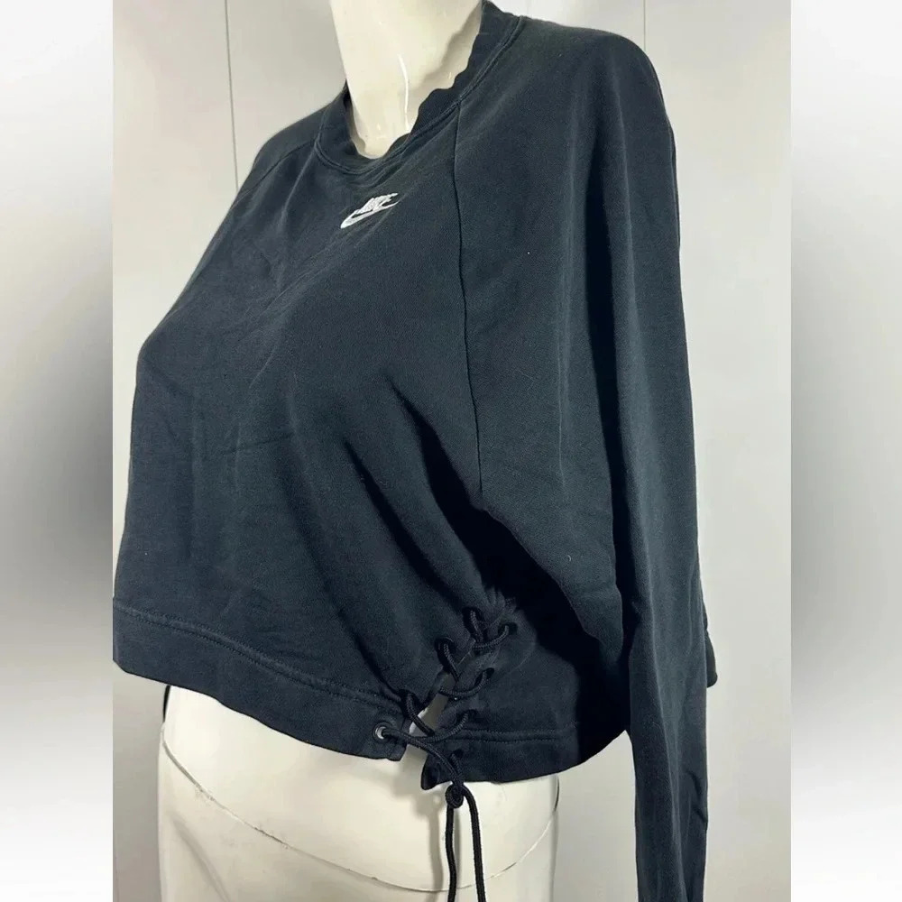Nike Black Cropped Crop Pullover Crew Neck Dolman Sweatshirt waist String sz S - Picture 7 of 7